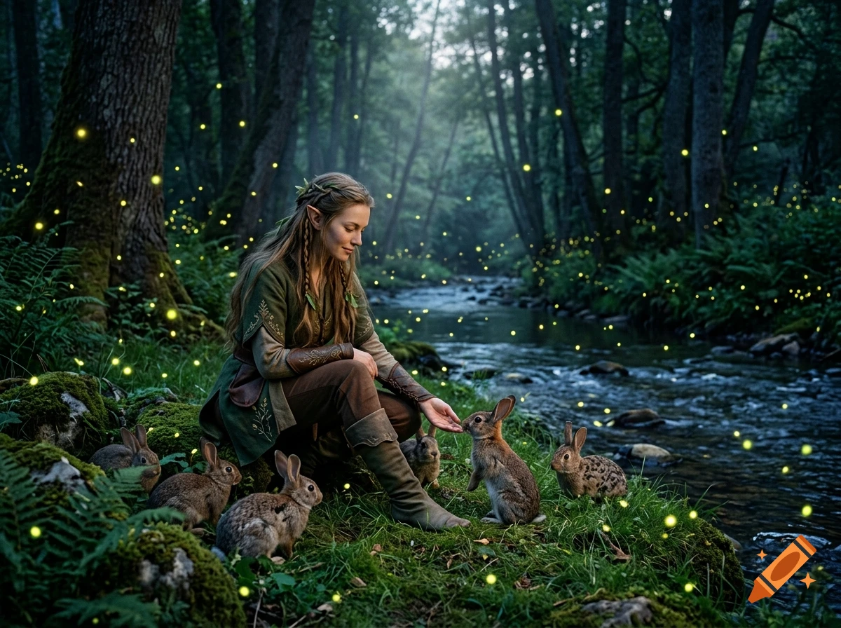 An elf-like woman in green garb kneels by a stream in a forest at dusk, surrounded by glowing fireflies and several rabbits.