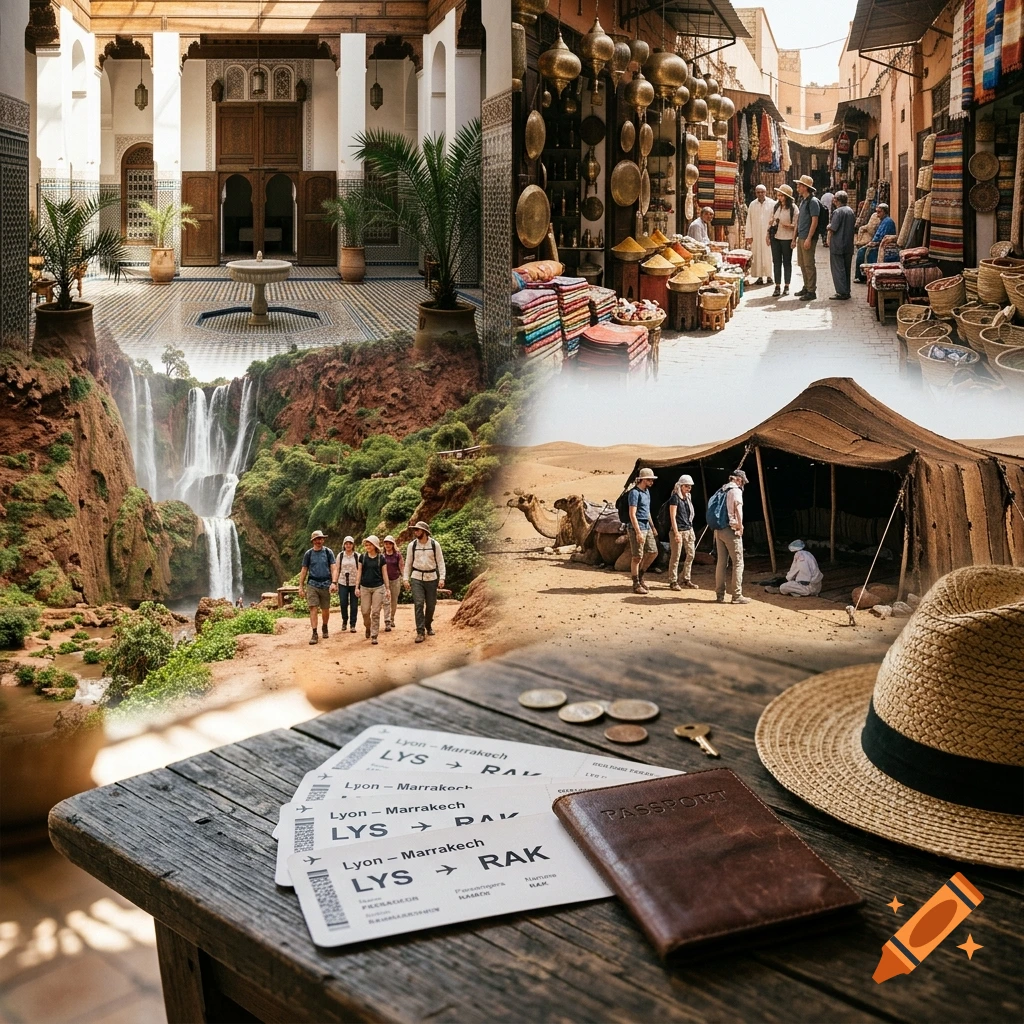 Photorealistic collage showing a travel montage of Morocco including plane tickets, Marrakech riad, souk, waterfall, and desert tent.