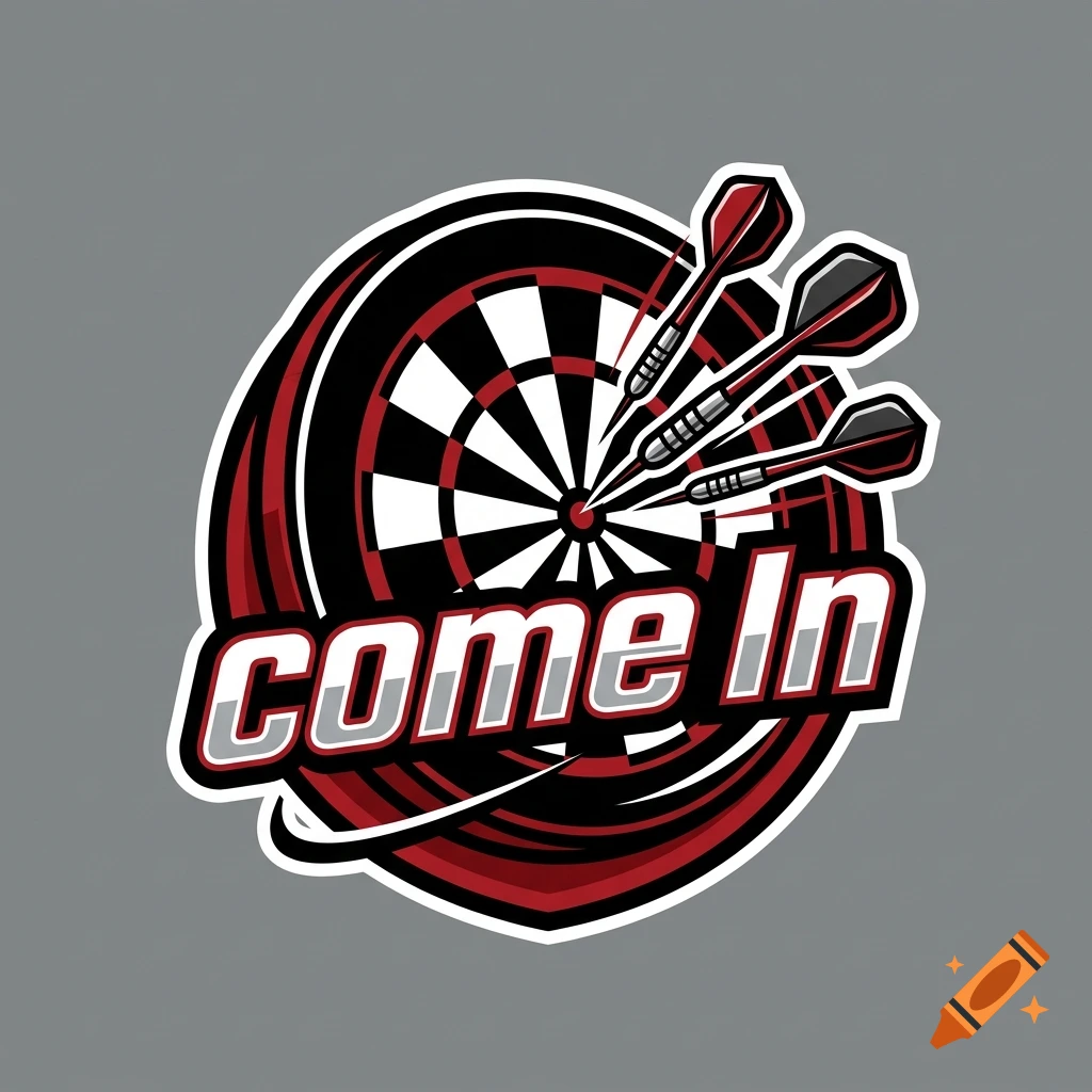 A stylized emblem featuring a dartboard with three darts stuck in the center and the text "come in" overlayed in red and white bold lettering.