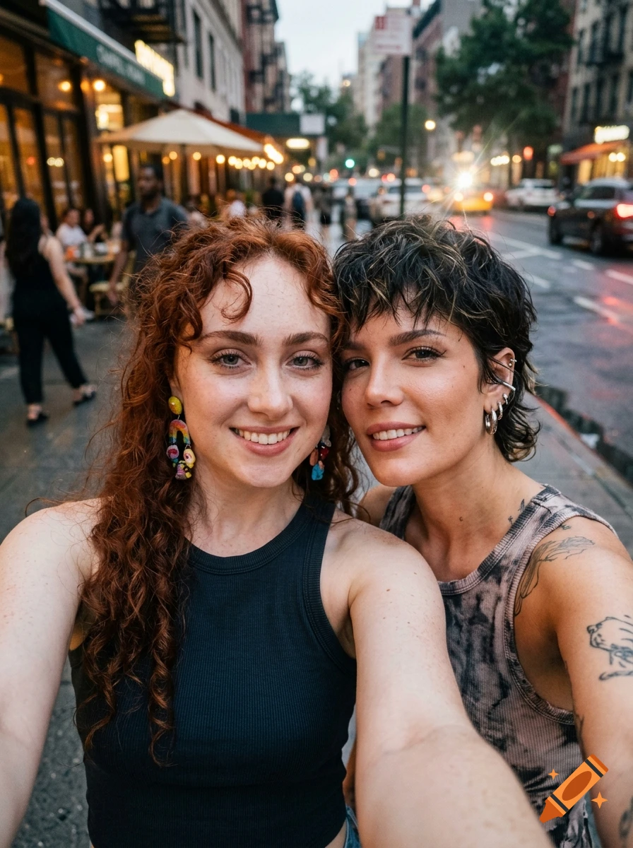Close-up selfie of two smiling young women standing on a city street at twilight, with blurred restaurant seating and traffic in the background.