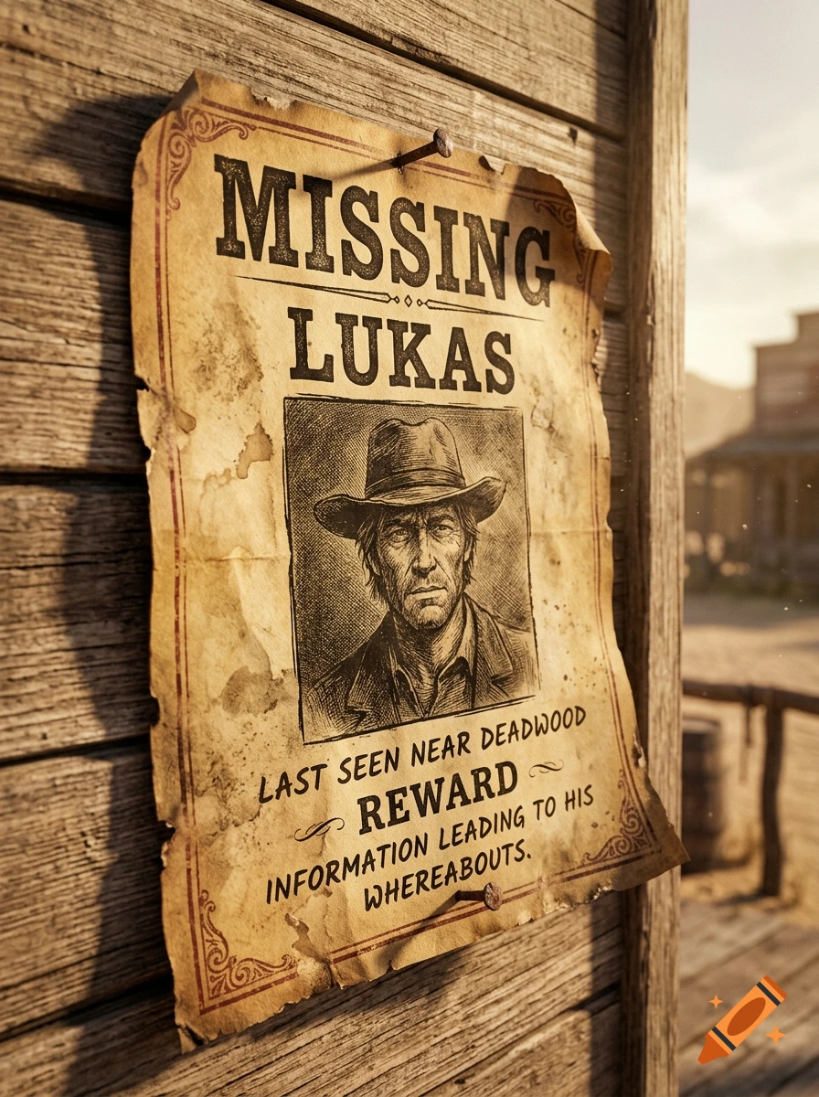 A weathered vintage missing poster pinned to a wooden wall, featuring a sketch of a cowboy and the name Lukas, in a Western style.