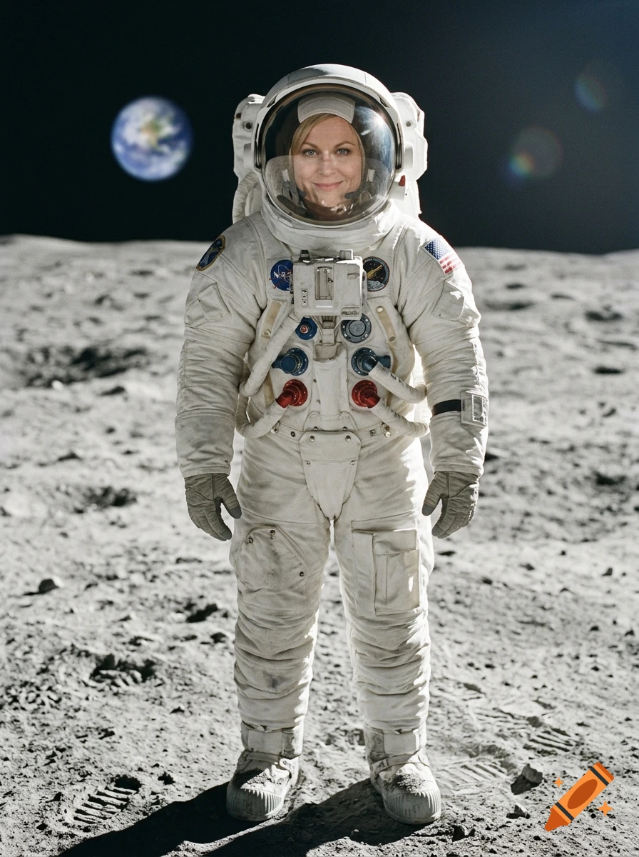 An astronaut wearing a white spacesuit stands on the lunar surface, with planet Earth visible in the dark sky.