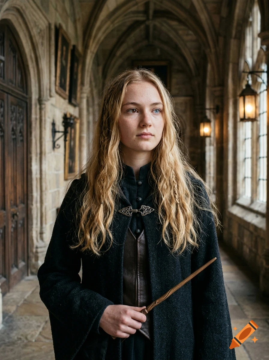 A young woman with long blonde hair holds a wooden wand while standing in a stone hallway with vaulted ceilings and gothic architecture.