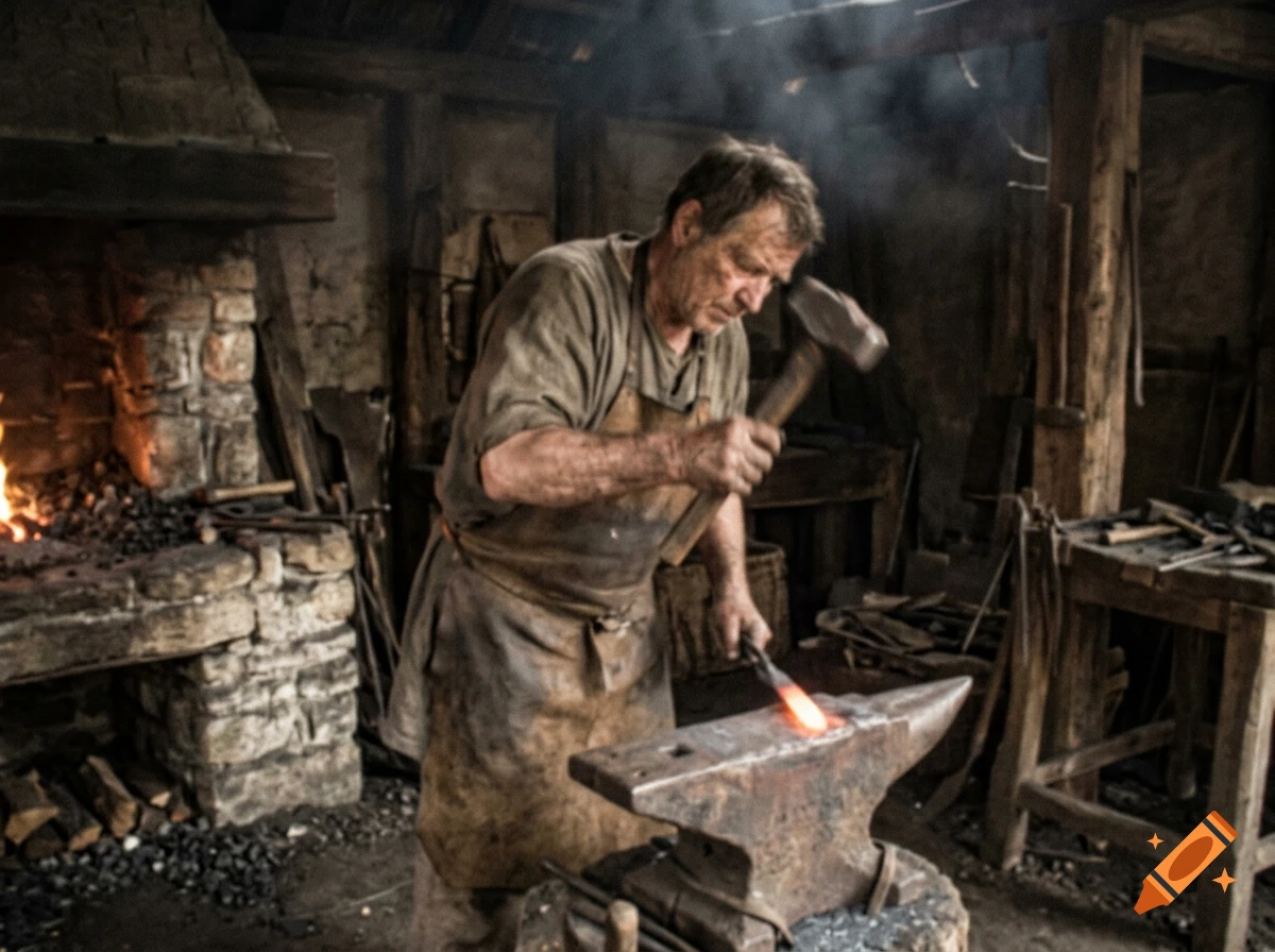 A medieval blacksmith hammering hot metal on an anvil in a rustic forge.