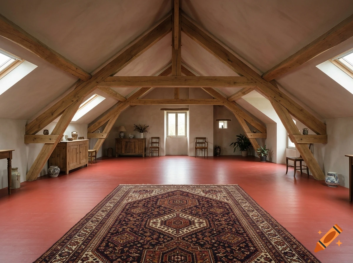 Photorealistic attic room with exposed wooden beams, red painted wooden floor, and an oriental rug.