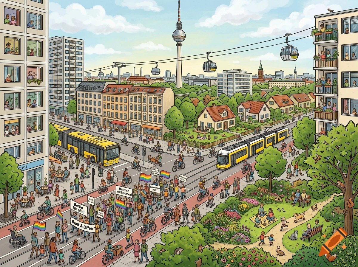Detailed illustrated Wimmelbild style city scene of Berlin with a demonstration, public transport, and various animals in a park.