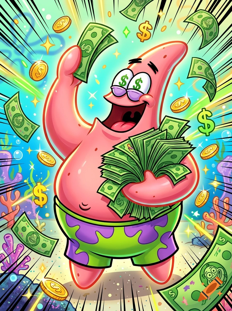 Patrick Star from SpongeBob SquarePants with dollar sign eyes, holding stacks of money and surrounded by falling cash and coins, digital cartoon style.