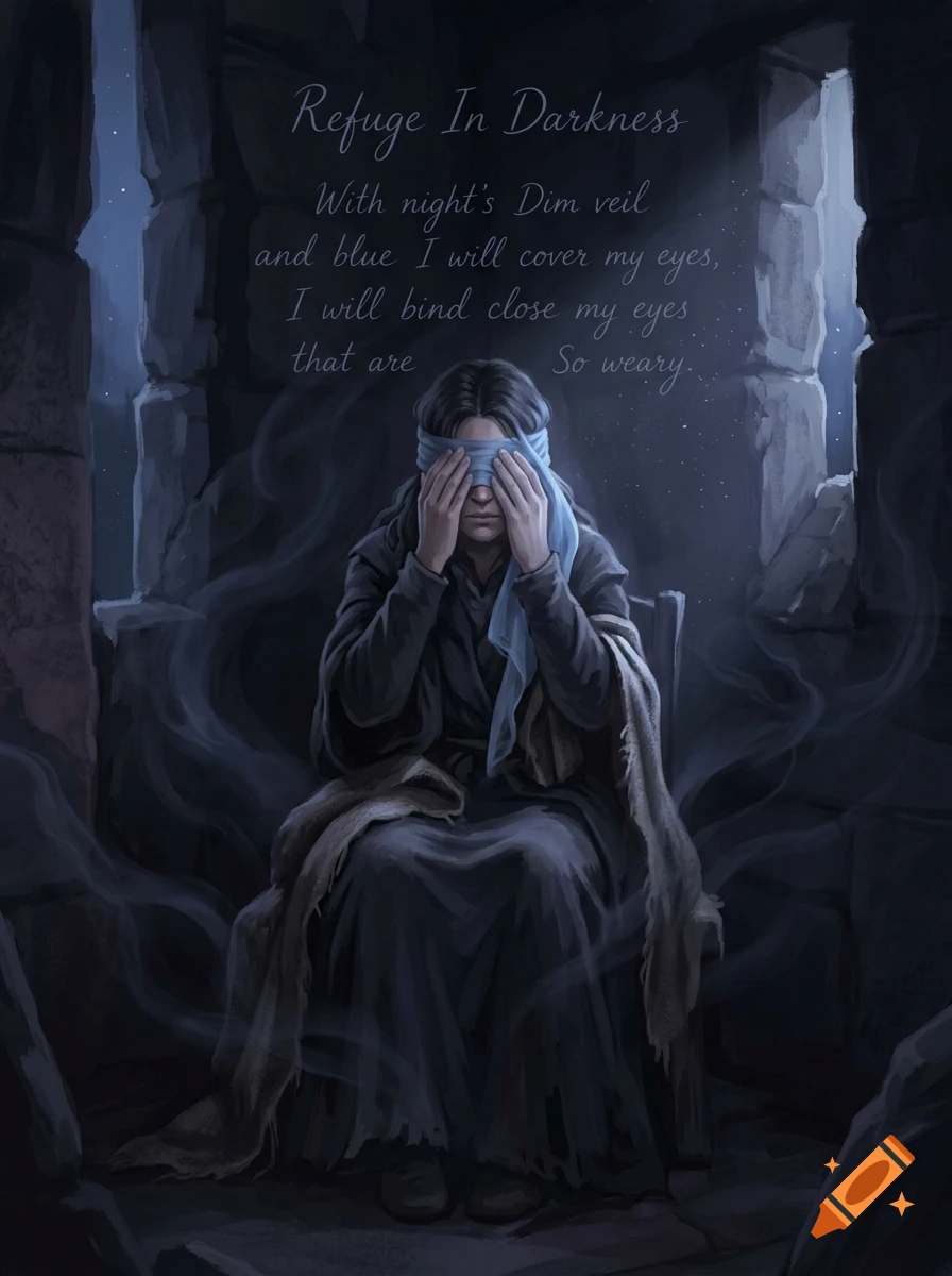 Digital illustration of a weary person sitting in a stone alcove, covering their eyes with a blue cloth, with poem text above.