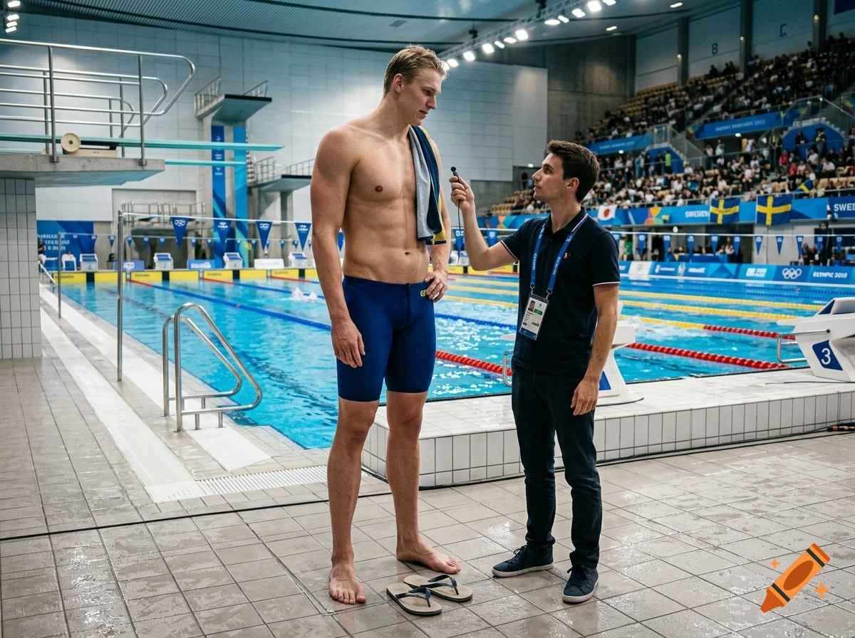 A tall swimmer in blue swim briefs standing by an indoor swimming pool being interviewed by a reporter holding a microphone.