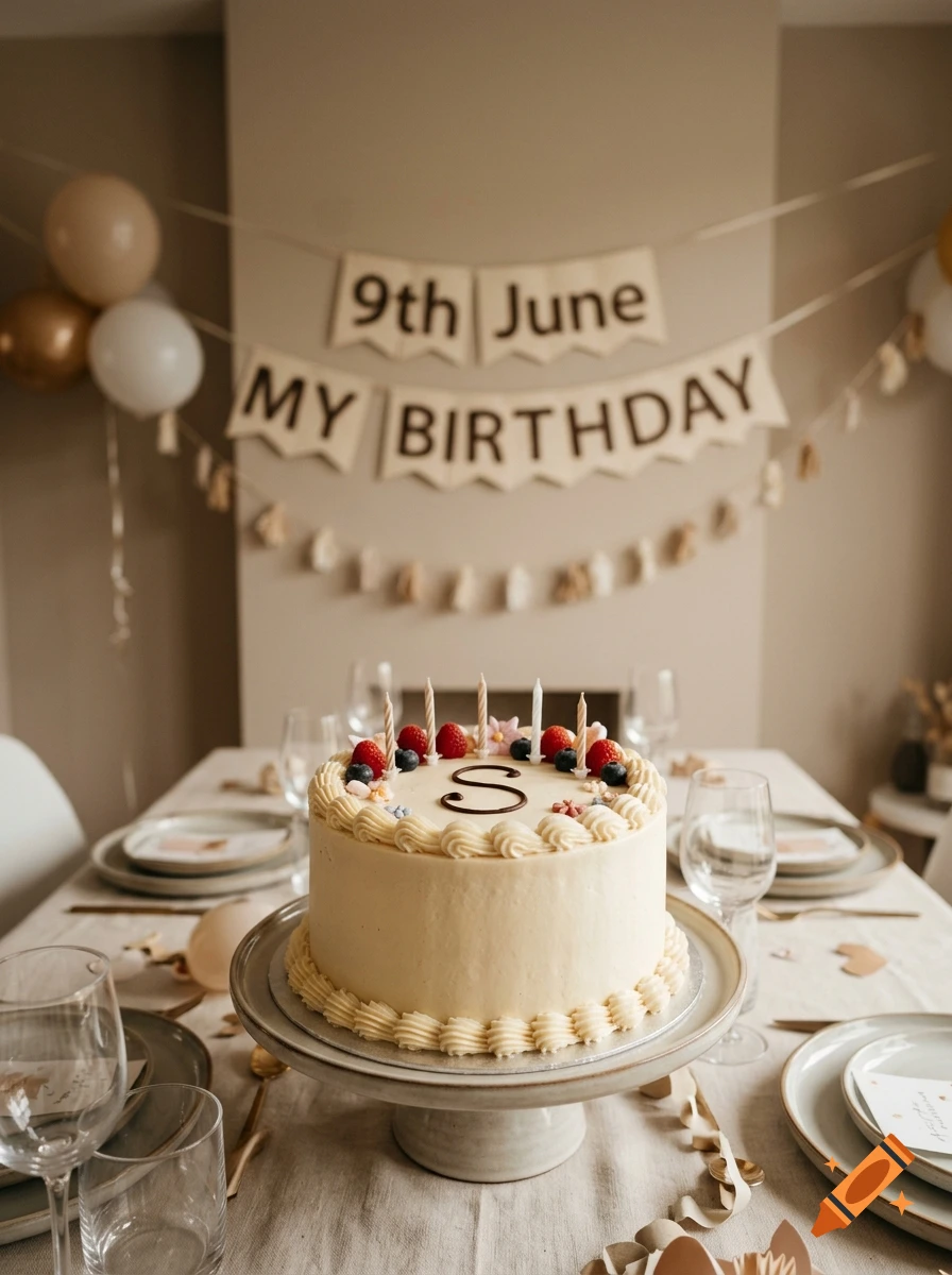 Photorealistic birthday cake with berries and a letter S on top, set on a decorated table with a banner reading '9th June MY BIRTHDAY' in the background.