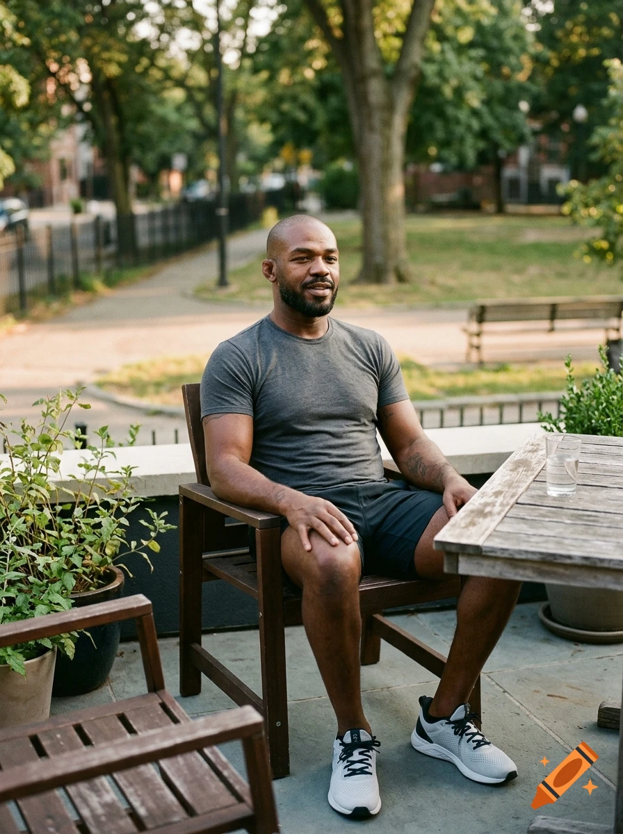 Photorealistic portrait of MMA fighter Jon Jones sitting in a wooden chair on an outdoor patio.