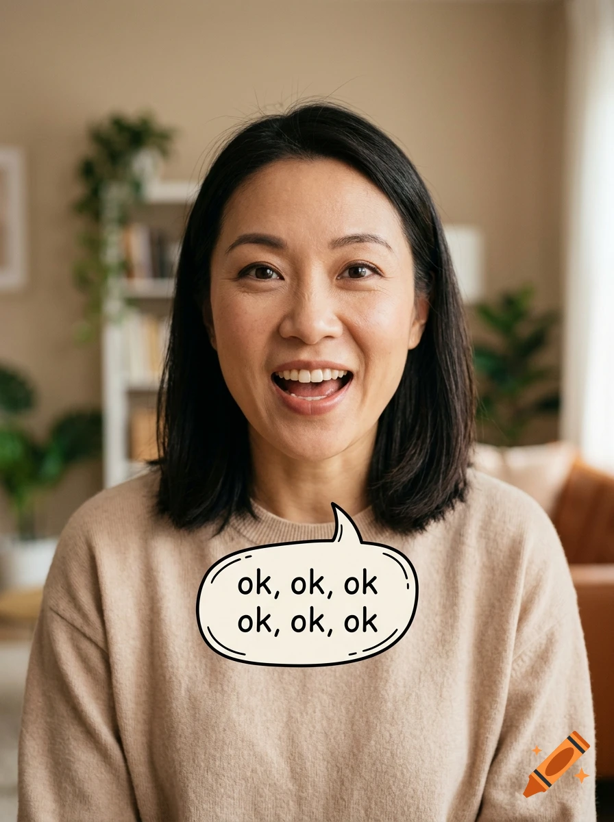 A woman smiling with an open mouth, wearing a beige sweater, with a speech bubble overlay that says 'ok, ok, ok ok, ok, ok'.