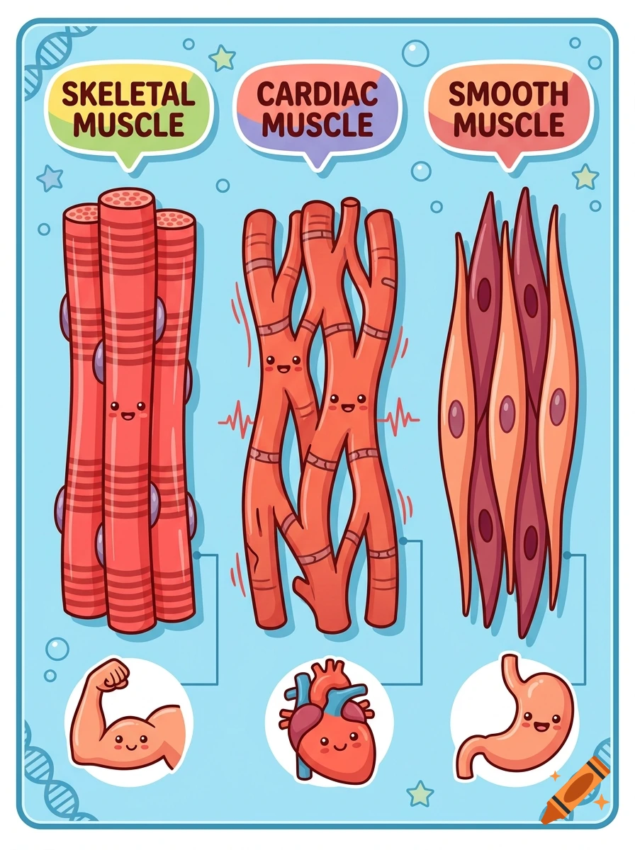 Educational cartoon infographic illustrating skeletal, cardiac, and smooth muscles with cute characters and diagrams.