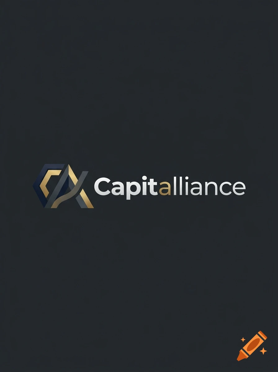 A dark gray corporate logo for Capitalliance featuring an abstract C and A monogram design in navy blue and gold tones.