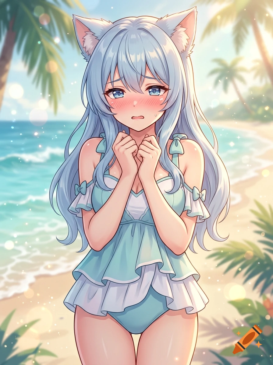 Anime style illustration of a blushing cat-girl with blue hair in a pastel blue swimsuit on a tropical beach.