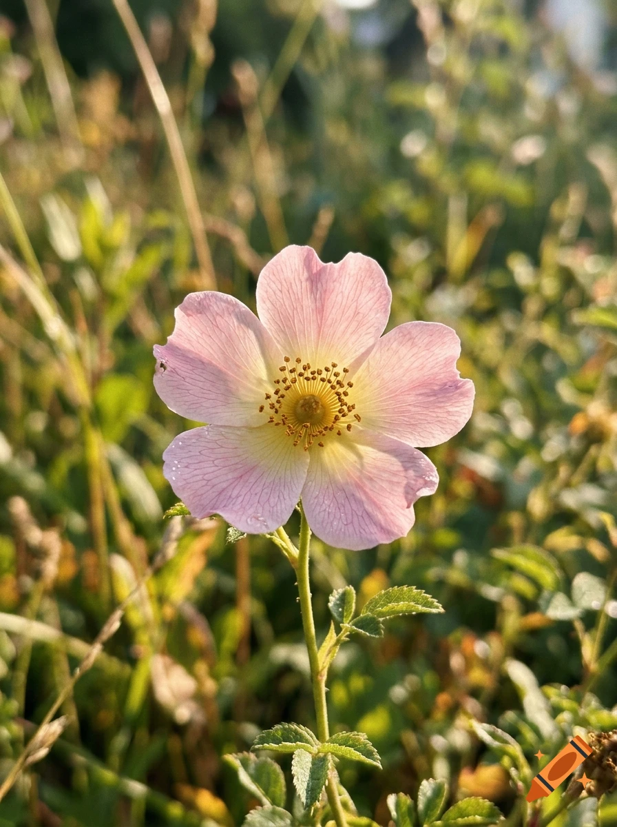 A close-up photograph of a single pale pink wild rose blossom with a yellow center, set against a softly blurred natural background.