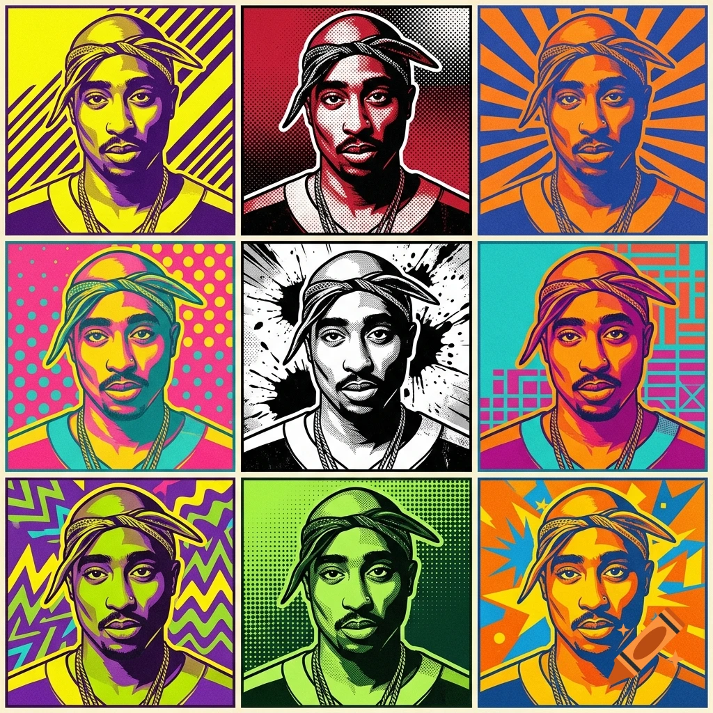A 3x3 grid of pop art style portraits of Tupac Shakur in various vibrant color schemes and graphic backgrounds.