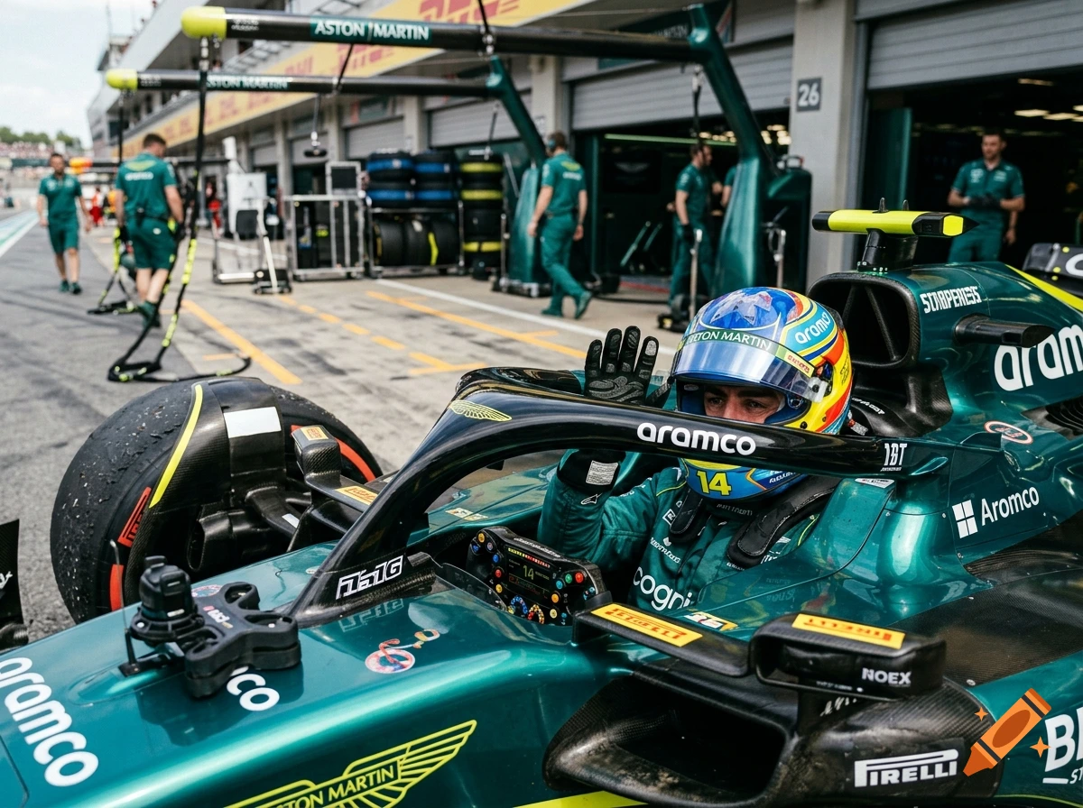 A Formula 1 driver wearing a helmet and racing suit sits inside a green Aston Martin race car in the pit lane, raising a hand in greeting.