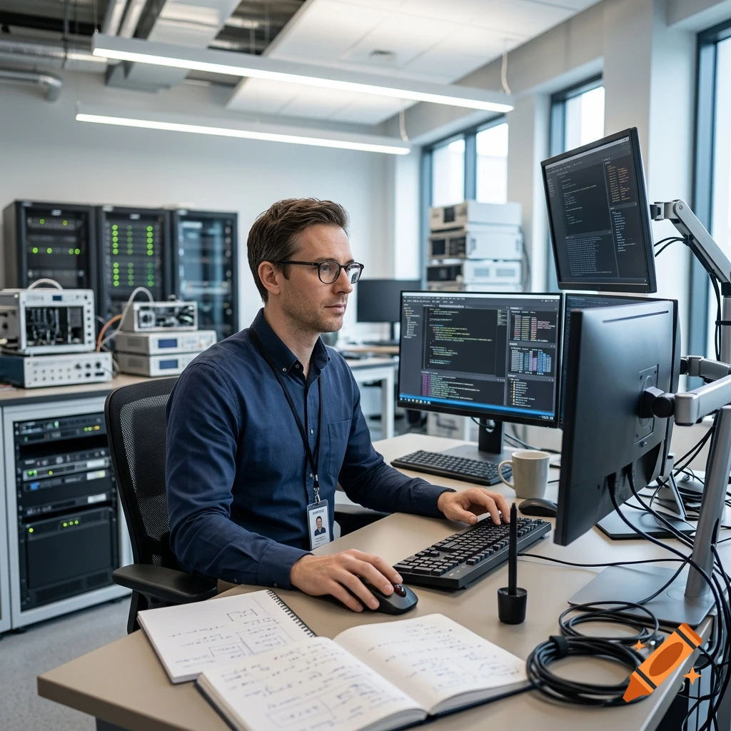 A computer scientist sitting at a desk with multiple monitors, writing code in a server room.