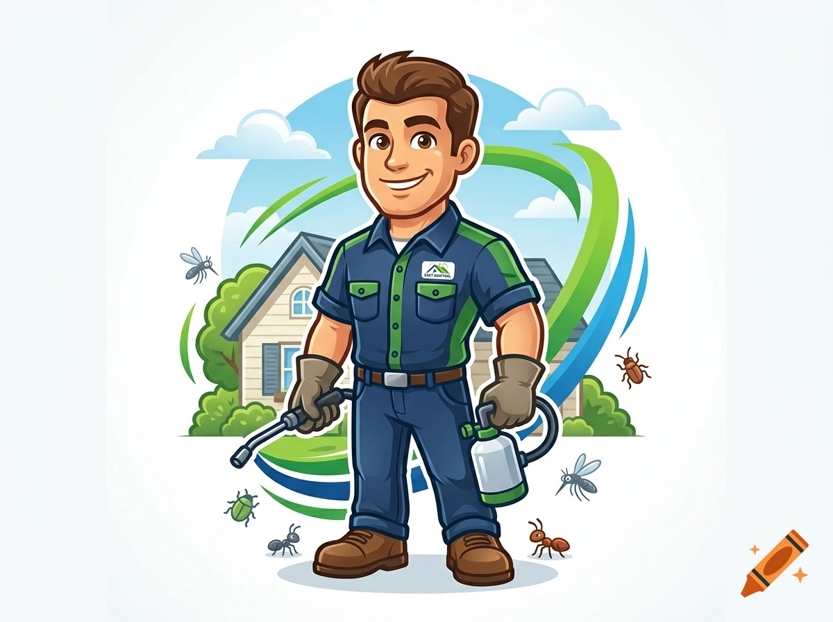 A cartoon pest control technician holding a spray wand and tank, with a house and various bugs in the background.
