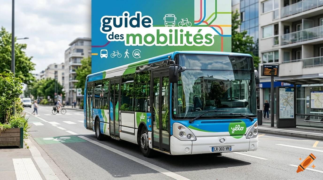 A blue and white public transport bus drives down a city street, with a graphic panel showing public transit icons and the text 'guide des mobilités' overlaying the background.