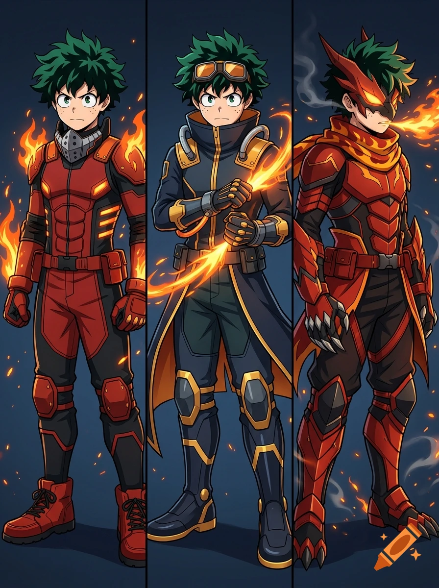 Three anime style illustrations of a green haired hero character in different red and black fire themed combat suits.