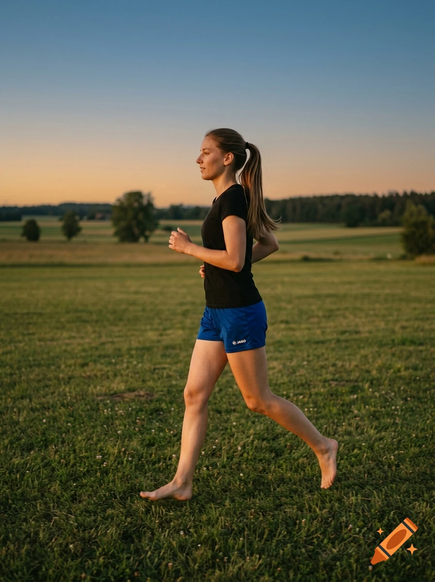 A woman running barefoot across a grassy field at sunset.