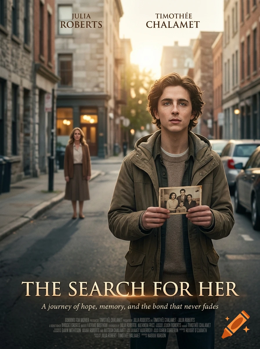 Movie poster for 'The Search For Her' featuring Timothée Chalamet holding a photograph on a city street.