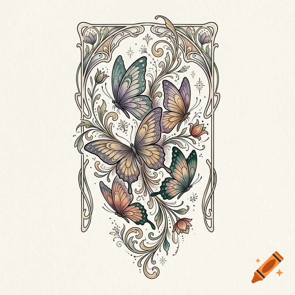 Art nouveau style tattoo design featuring multiple detailed butterflies and flowing floral vines in watercolor blending on light background.