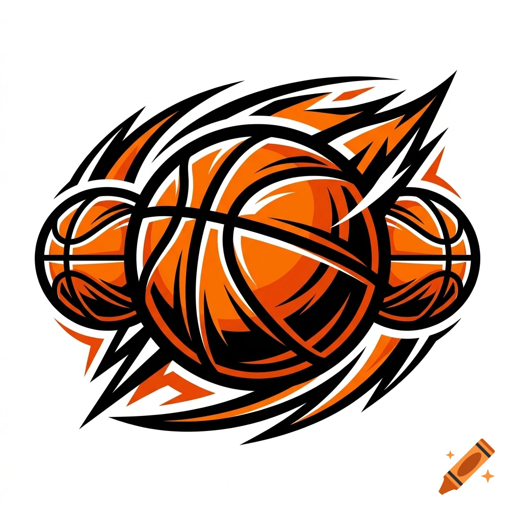 Dynamic orange and black basketball logo illustration with stylized flames and multiple basketballs.