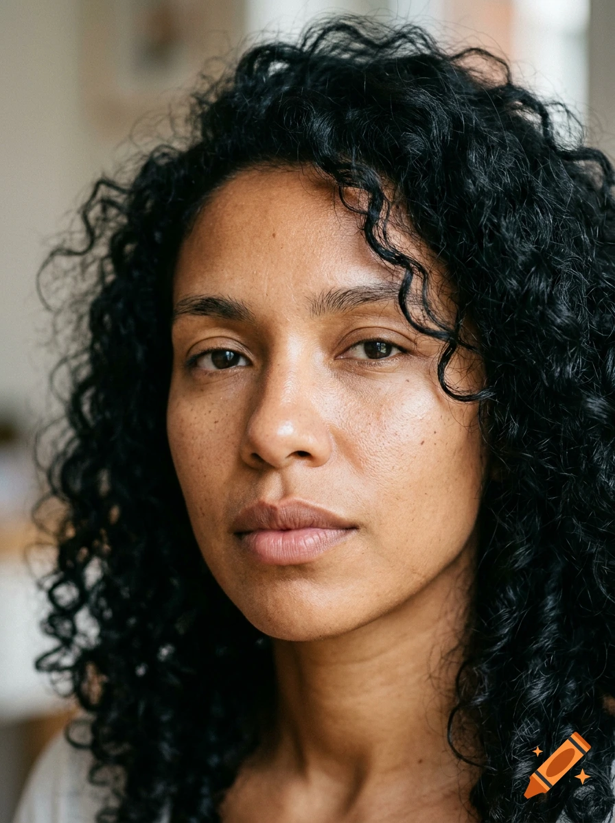 Close-up portrait of a woman with dark curly hair and a neutral expression.