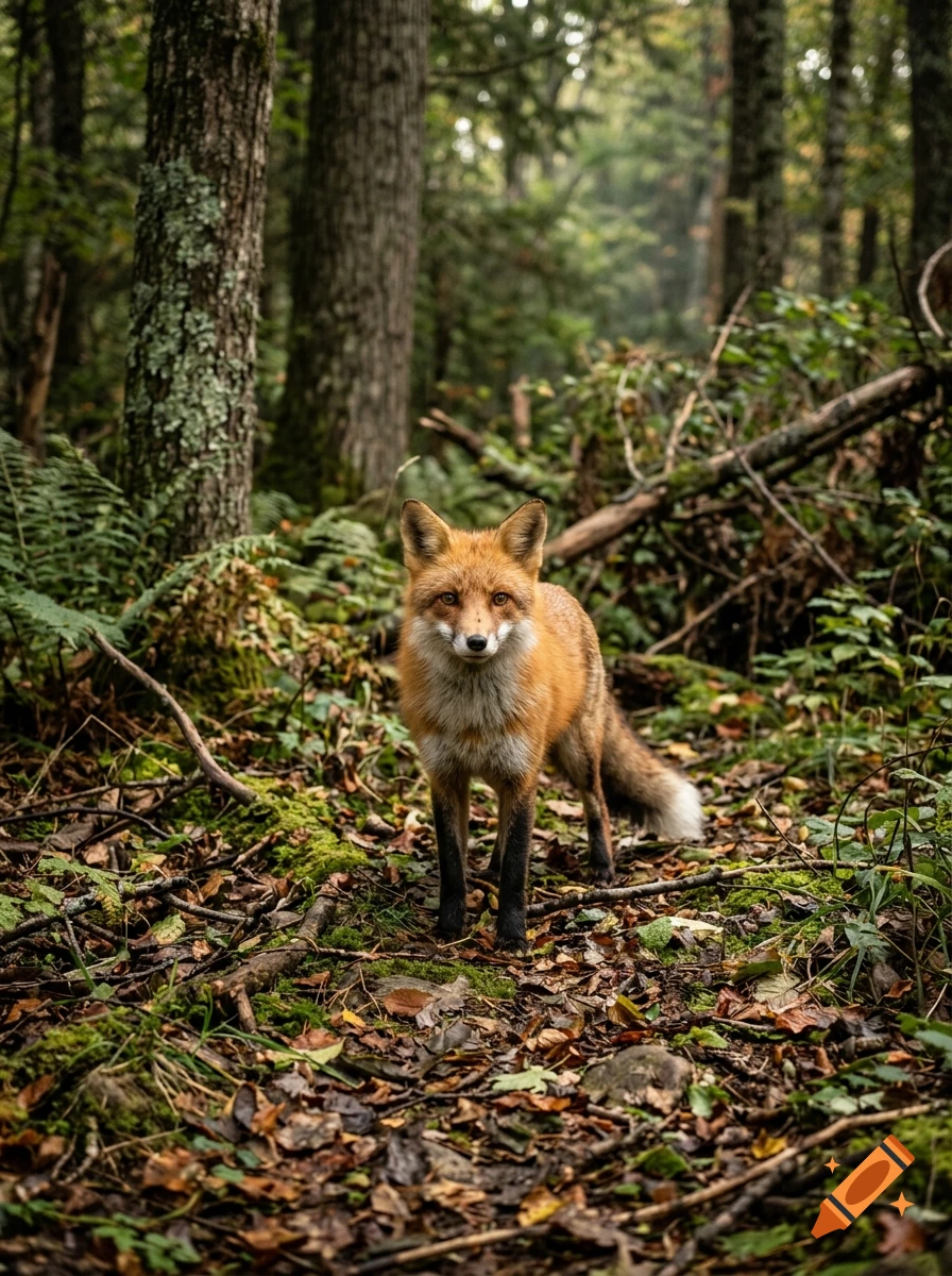 Photorealistic red fox standing in a lush, green forest among fallen leaves and trees.