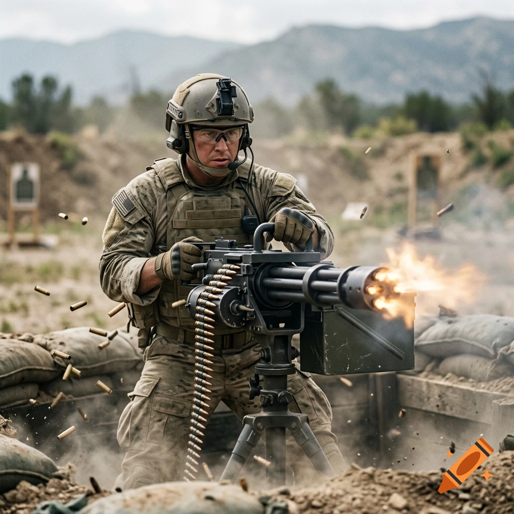 A soldier in tactical gear firing a heavy gatling gun at a shooting range, photorealistic.