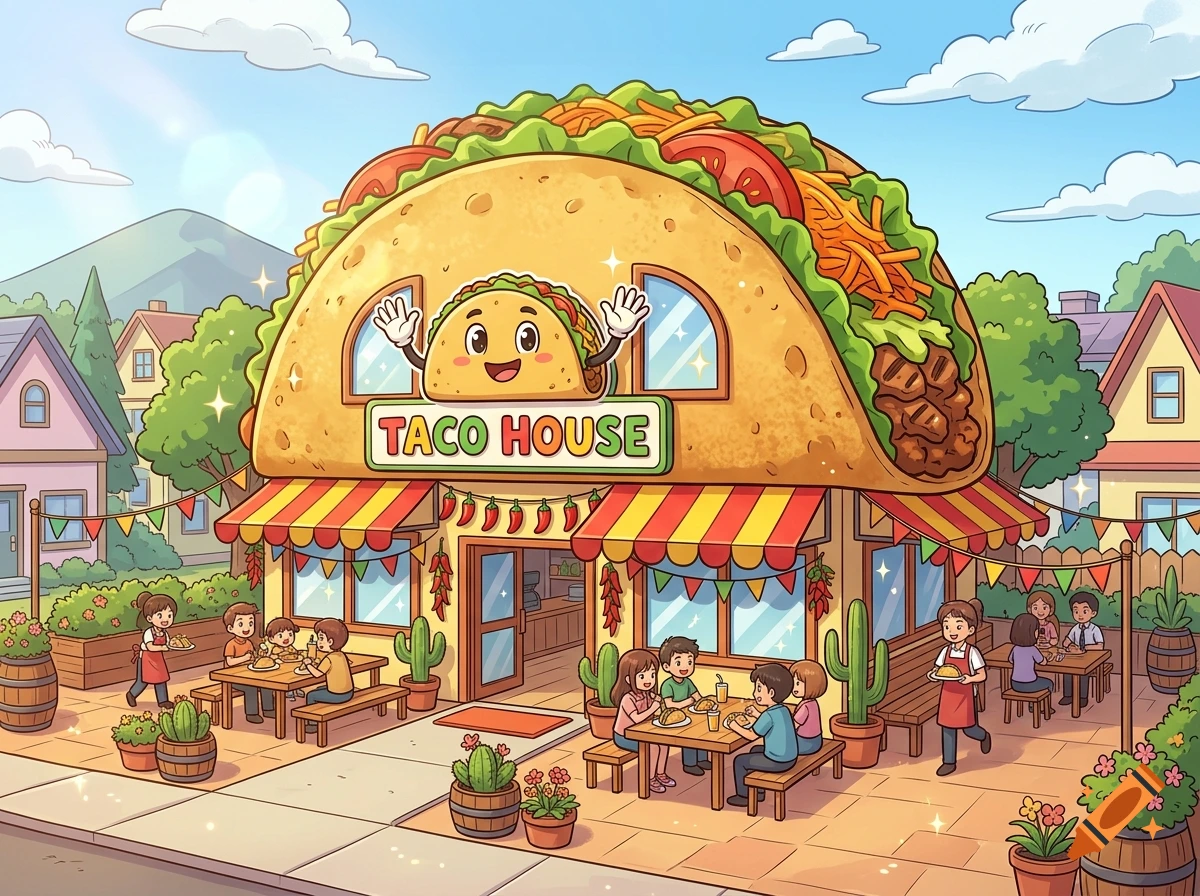 Animated cartoon illustration of a taco-shaped restaurant building with outdoor seating and customers, in an anime style.