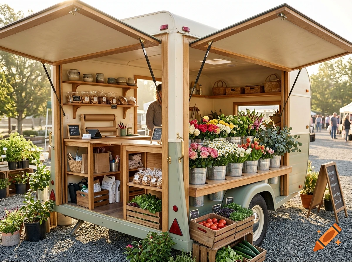 Photorealistic image of a modified trailer serving as an outdoor flower and produce shop, with open side panels and displays.
