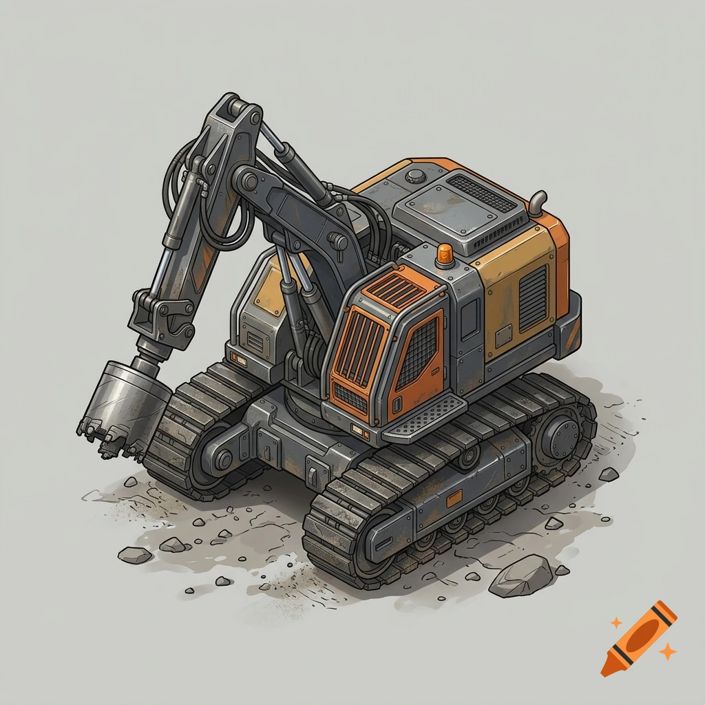 Isometric digital illustration of a small mining drill vehicle on tank tracks with a grey and orange exterior.