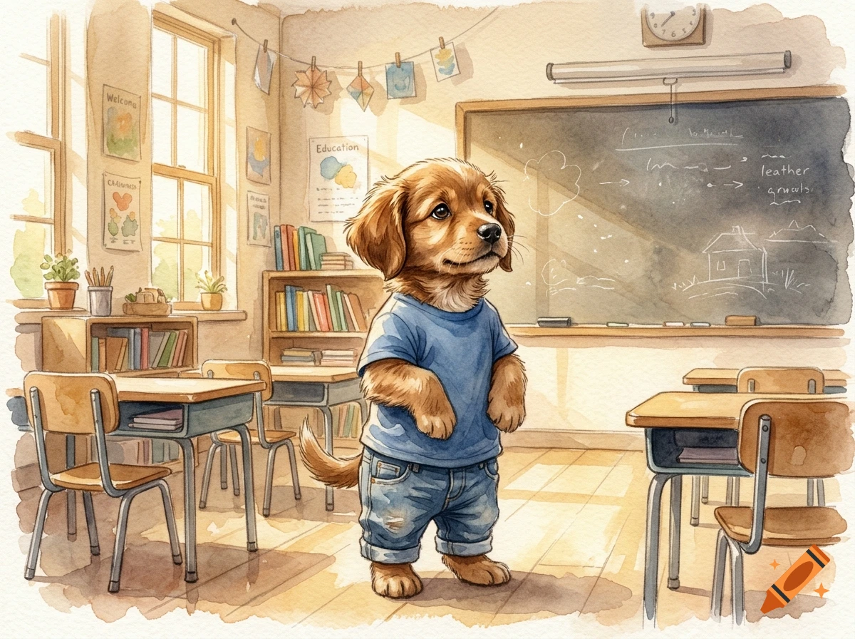 Watercolor illustration of a cute puppy standing on two legs wearing a blue t-shirt and jeans in a classroom.