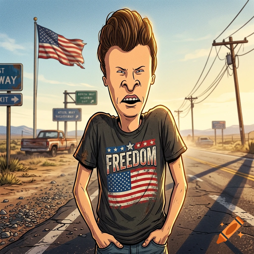 Cartoon character resembling Beavis standing on a roadside in a desert landscape with an American flag and highway signs.