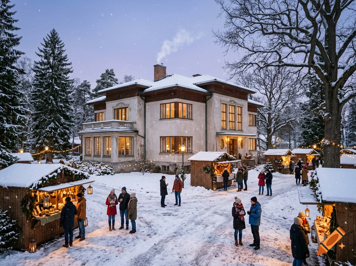 Photorealistic scene of a large vintage villa surrounded by snow, pine trees, and people visiting a Christmas market at dusk.