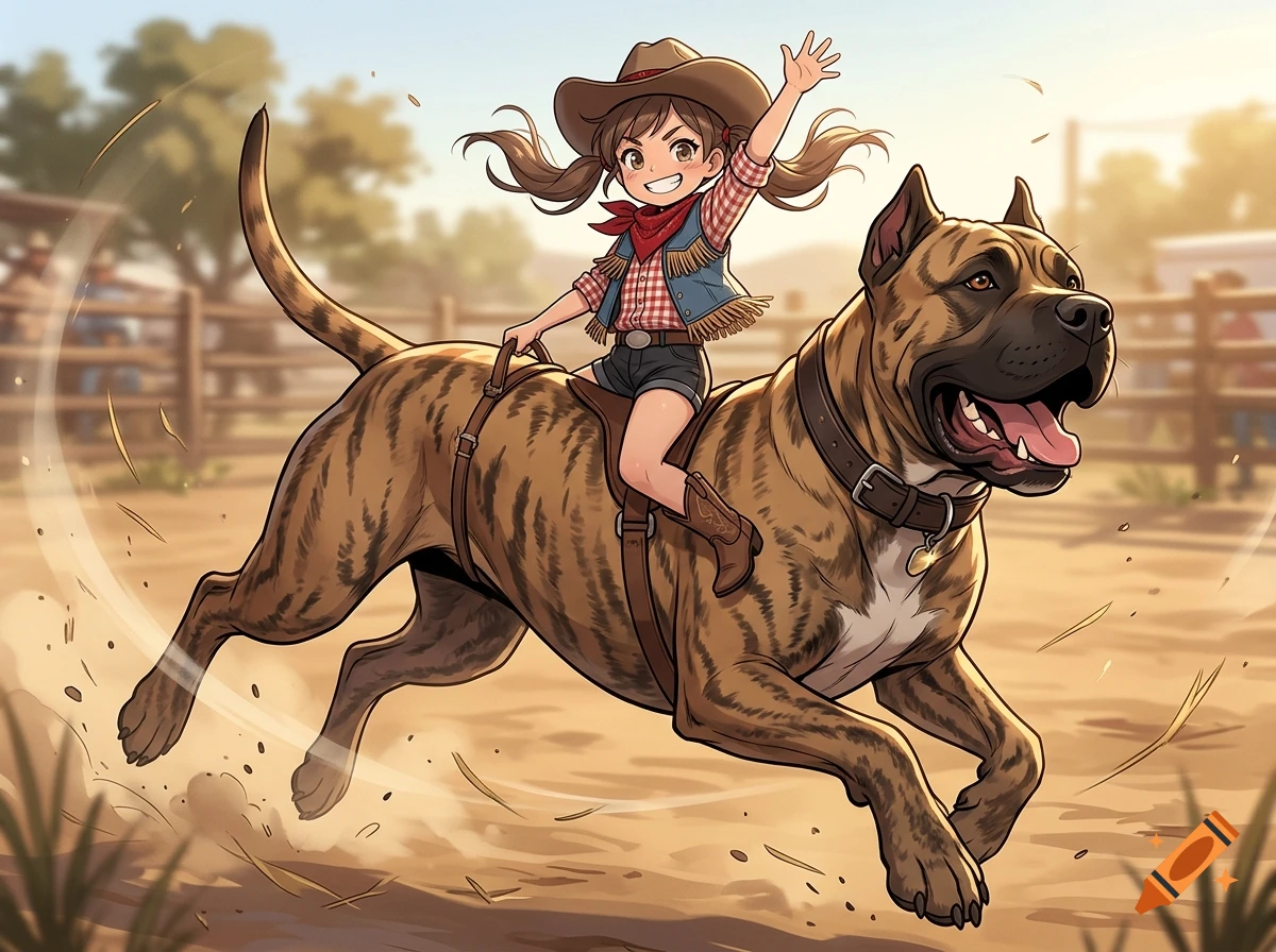 An anime-style illustration of a smiling little girl wearing cowboy attire while riding a large brindle Presa Canario dog like a rodeo star in a corral.