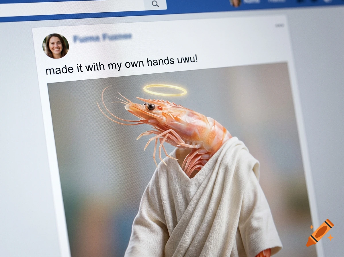 A photorealistic shrimp with a halo wearing a robe, presented as a social media post with the text "made it with my own hands uwu!"