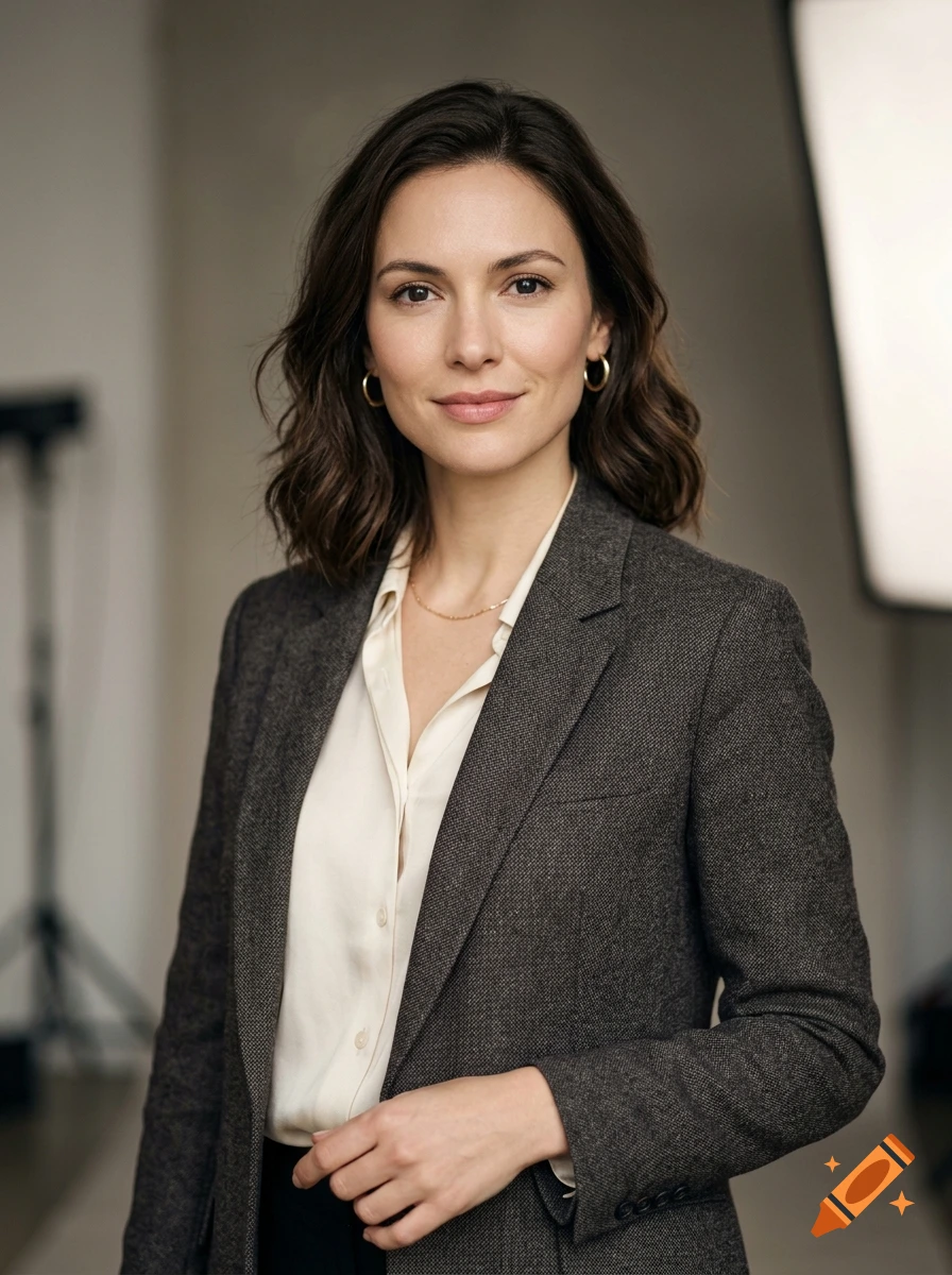 Portrait of a woman with dark wavy hair wearing a grey blazer and white blouse, smiling gently.