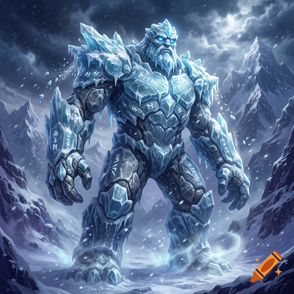 A massive frost giant made of ice and stone stands amidst a snowy mountain range under a cloudy sky.