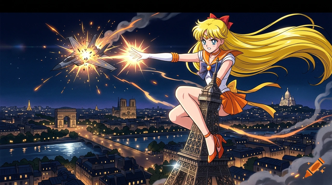 Giant Sailor Venus in 80s anime style sitting on the Eiffel Tower in Paris at night, destroying a jet fighter with energy.