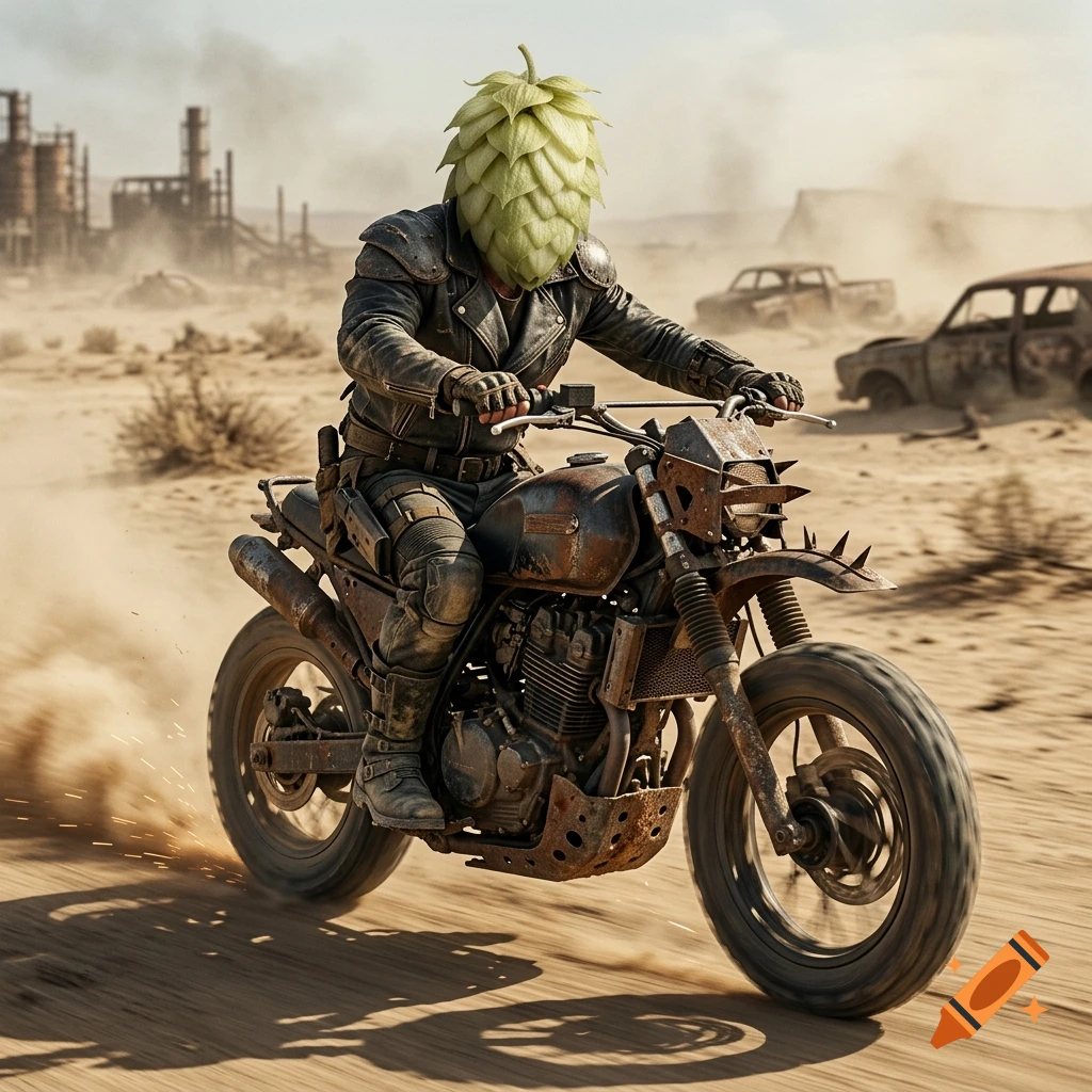 A post-apocalyptic scene featuring a character with a large green hop cone for a head, riding a motorcycle through a desert landscape.