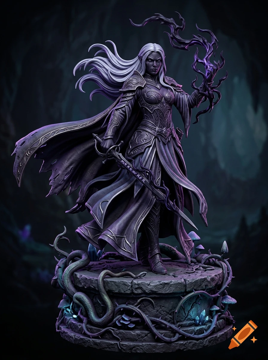 A dark elf-like female figure with long white hair holding a sword and casting dark magic while standing on a circular stone base inside a cave.