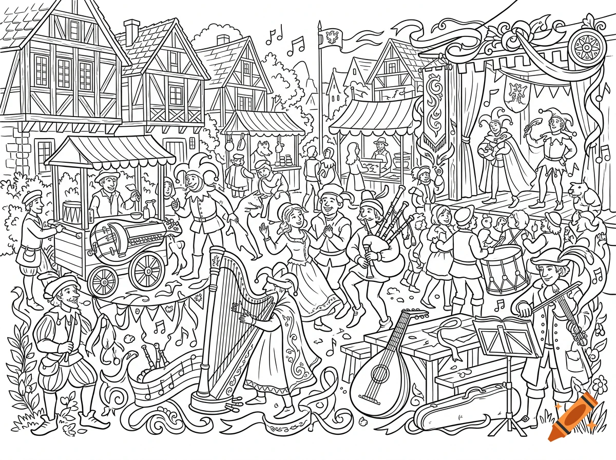 Black and white line drawing of a medieval festival with musicians, dancers, jesters, and half-timbered houses.