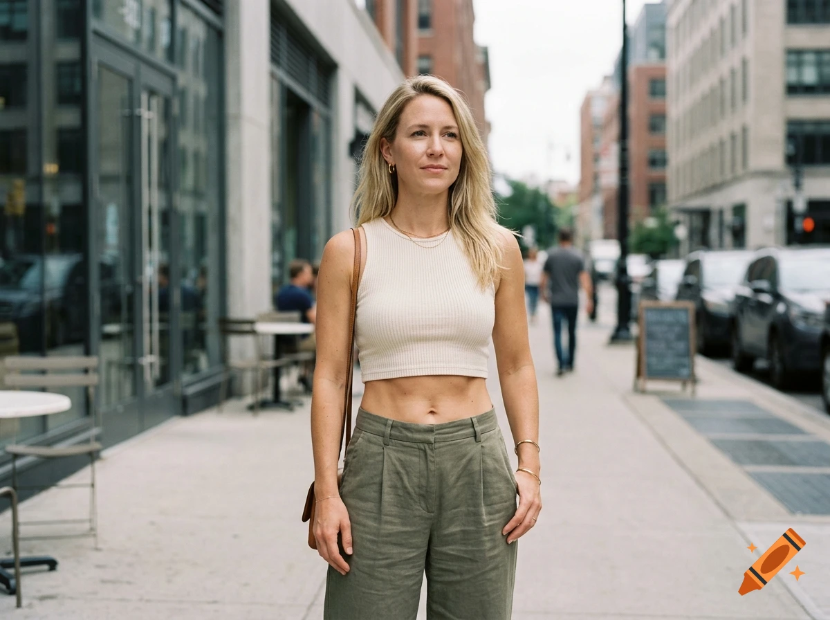 Photorealistic medium shot of a blonde woman wearing a crop top and green trousers standing on a city street.