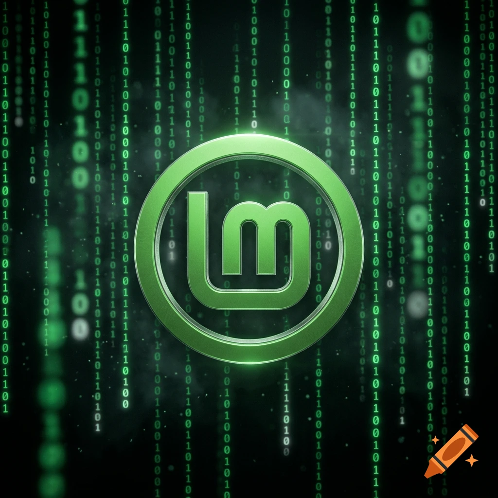 A glowing green Linux Mint logo floating in the center of a dark background with falling vertical green binary code.