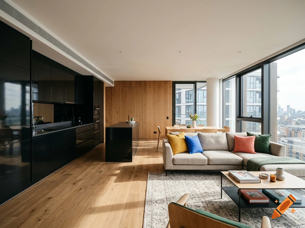 Photorealistic open-plan modern apartment interior featuring a black kitchen, wooden walls, and a grey sectional sofa.